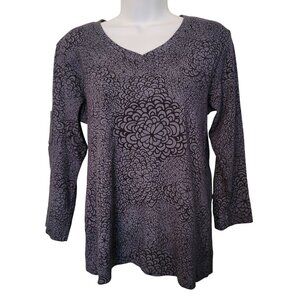 Fresh Produce S Floral Gray Black Stretch Knit V Neck Top Cotton USA Made